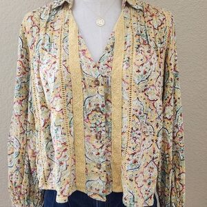 Anthropologie Bohemian Peasant  Blouse Yellow Pink Aqua Floral